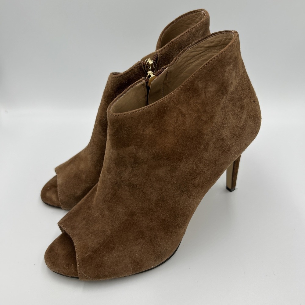 Ann‎ Taylor Ankle Booties Brown Suede Leather Peep Toe Gold Zipper Size 8